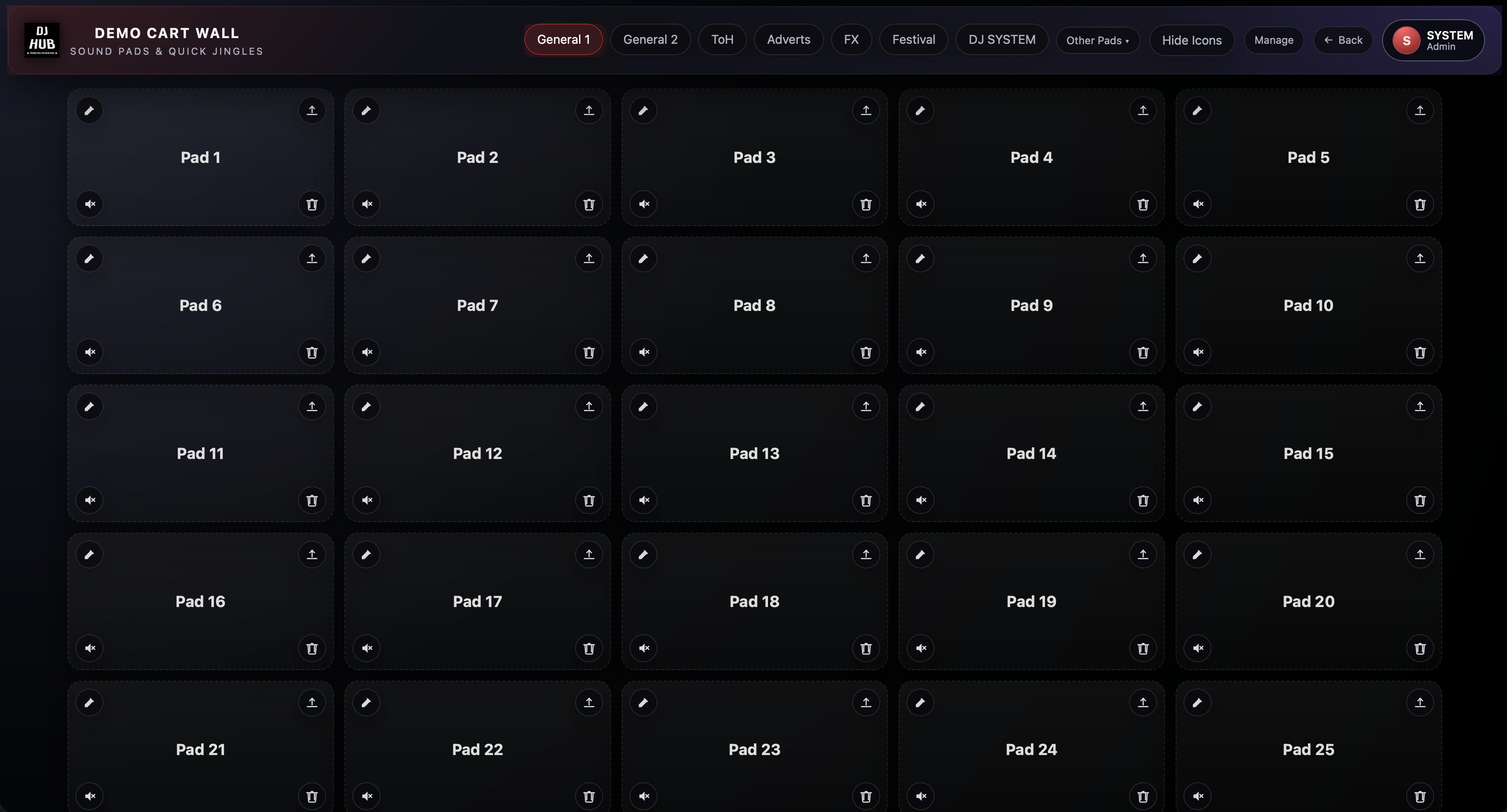 Jingle cartwall for organising station-wide and DJ-specific jingles