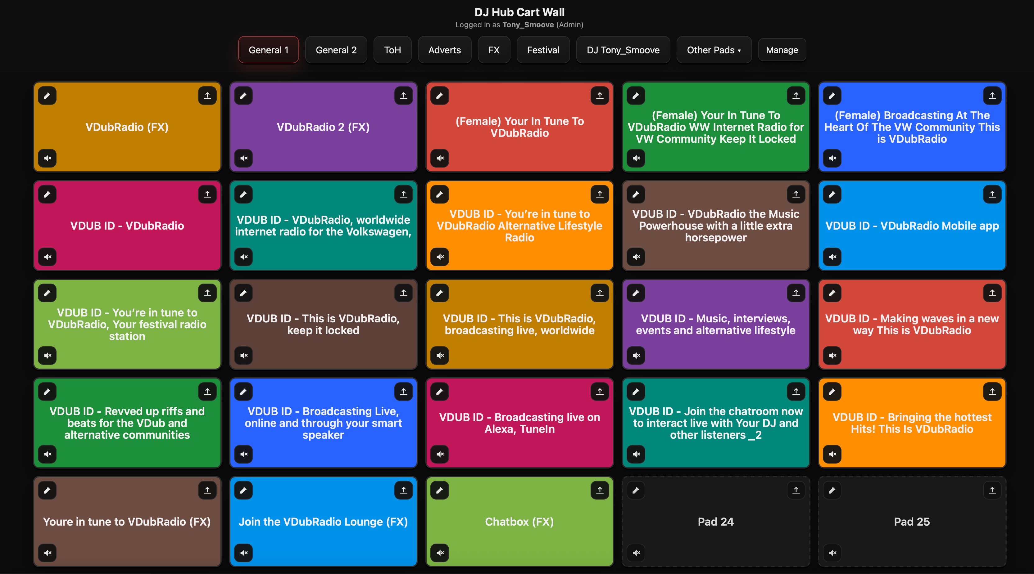 Jingle cartwall for organising station-wide and DJ-specific jingles