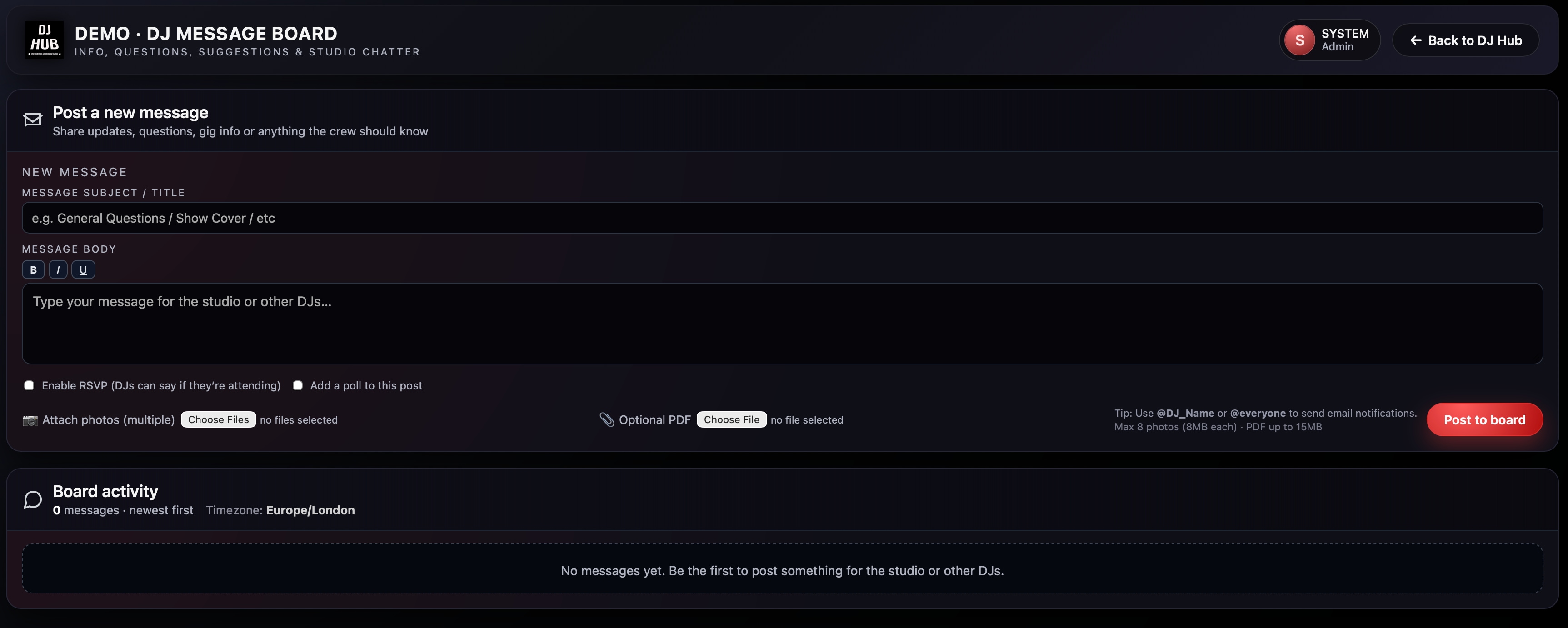 Internal station forum / message board in DJ Hub