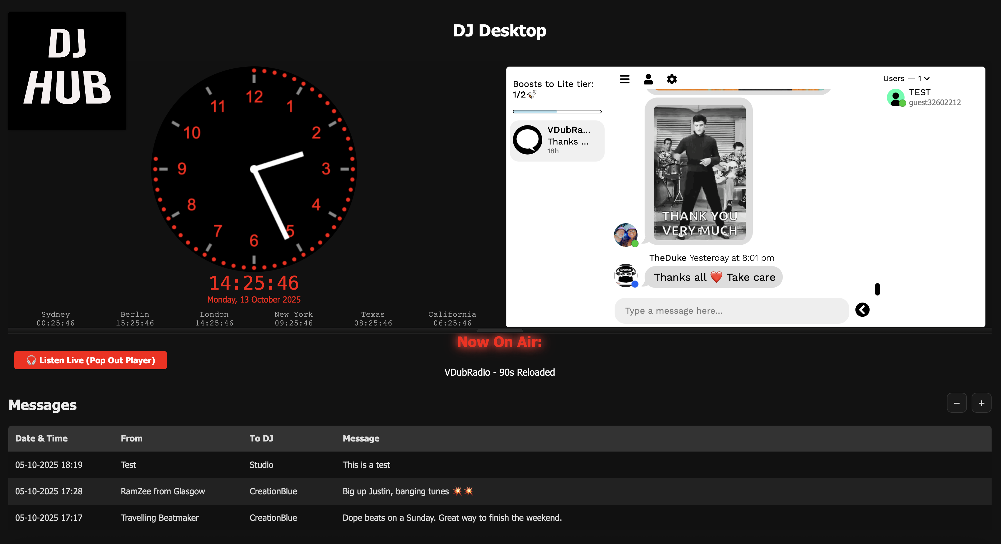 DJ Desktop - An integrated desktop for DJ's to view the Studio Clock, Chat Room and Pager messages